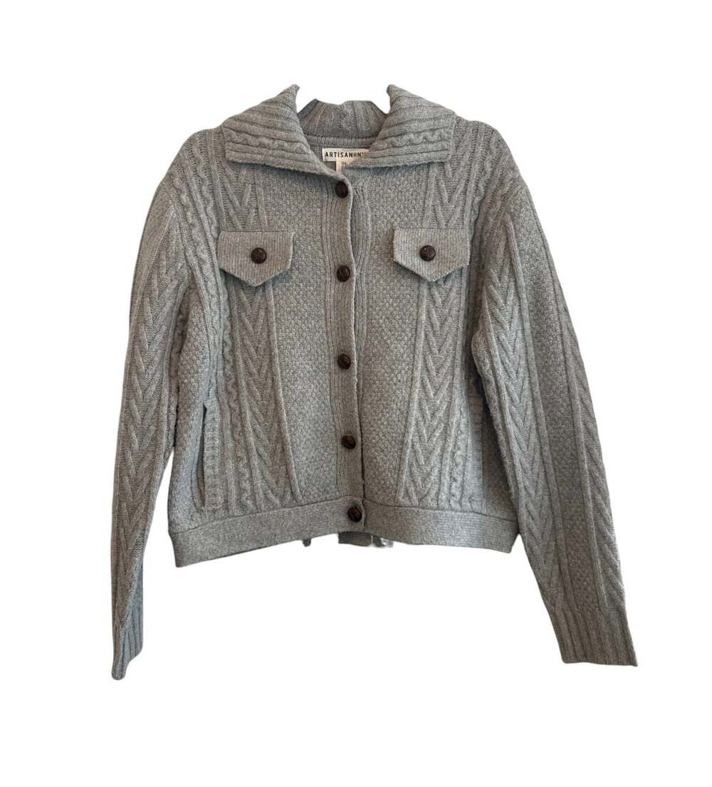 Artisan NY Grey Cable Knit Collared Button-Up Cardigan